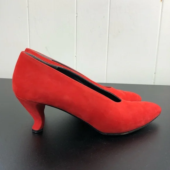 Vintage 80's Karl Lagerfeld Red Suede Pumps Sz 6 1/2 - Picture 2 of 13